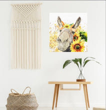 Sunflower Wall Art Decor, Canvas Print, Watercolor Donkey with Sunflowers, Size 16 X 16