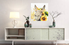 Sunflower Wall Art Decor, Canvas Print, Watercolor Donkey with Sunflowers, Size 16 X 16