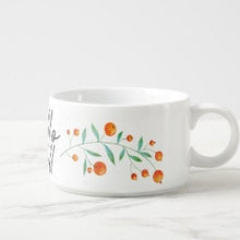 Fall Chili Bowl "Hello Fall" Porcelain, Botanical Orange Berries and Leaves, 14 oz, Bowl With Handle