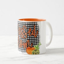 Fall Ceramic Mug "Blessed Mom" Pumpkins and Black Gingham, Fall Gift for Mom, Fall Mugs for Mom, Fall Dinkware