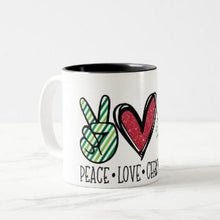Christmas Ceramic Mug, "Peace Love Christmas Trees" Two Tone 11 oz mug, Christmas Gift Mug, Mug With Words
