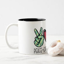 Christmas Ceramic Mug, "Peace Love Christmas Trees" Two Tone 11 oz mug, Christmas Gift Mug, Mug With Words