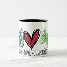 Christmas Ceramic Mug, "Peace Love Christmas Trees" Two Tone 11 oz mug, Christmas Gift Mug, Mug With Words