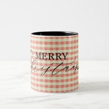 Christmas Ceramic Mug, "Merry Christmas" Two Tone 11 oz mug, Red Gingham, Christmas Gift Mug, Mug With Words, Kitchen Christmas Gift