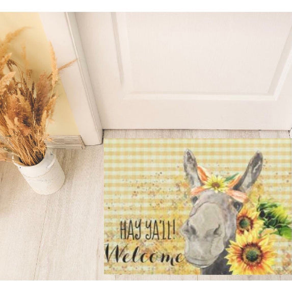 Sunflower Donkey Door Mat, Watercolor Donkey with Sunflowers 