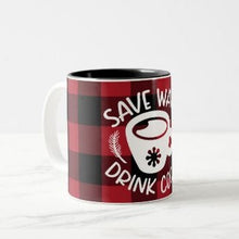 Mug "Save Water Drink Cocoa" Buffalo Plaid Red Black, Christmas Cocoa Mug, Holiday Cocoa Mug, Stocking Stuffer Mug, Christmas Office Gift