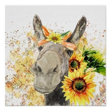 Sunflower Wall Art Decor, Poster, Watercolor Donkey with Sunflowers, Ready to Frame, Size 16 X 16, Farm Animal Art