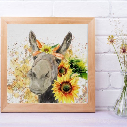Sunflower Wall Art Decor, Poster, Watercolor Donkey with Sunflowers, Ready to Frame, Size 16 X 16, Farm Animal Art