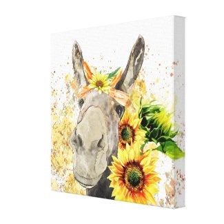 Sunflower Wall Art Decor, Canvas Print, Watercolor Donkey with Sunflowers, Size 16 X 16