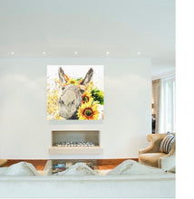Sunflower Wall Art Decor, Canvas Print, Watercolor Donkey with Sunflowers, Size 16 X 16