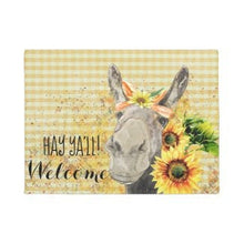 Sunflower Donkey Door Mat, Watercolor Donkey with Sunflowers "Hay Ya'll Welcome" Indoor Outdoor Mat, Summer and Fall Sunflower Door Mat