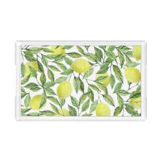 Lemon Decorative Acrylic Tray, Lemon and Leaves, Yellow and Green, Lemon Pattern Serving Tray, Lemon  Home Decor
