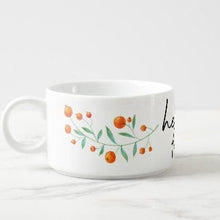 Fall Chili Bowl "Hello Fall" Porcelain, Botanical Orange Berries and Leaves, 14 oz, Bowl With Handle