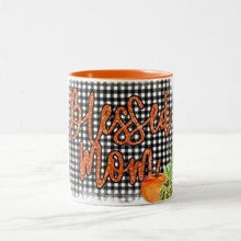 Fall Ceramic Mug "Blessed Mom" Pumpkins and Black Gingham, Fall Gift for Mom, Fall Mugs for Mom, Fall Dinkware