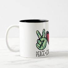 Christmas Ceramic Mug, "Peace Love Christmas Trees" Two Tone 11 oz mug, Christmas Gift Mug, Mug With Words