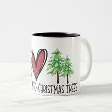 Christmas Ceramic Mug, "Peace Love Christmas Trees" Two Tone 11 oz mug, Christmas Gift Mug, Mug With Words