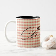 Christmas Ceramic Mug, "Merry Christmas" Two Tone 11 oz mug, Red Gingham, Christmas Gift Mug, Mug With Words, Kitchen Christmas Gift
