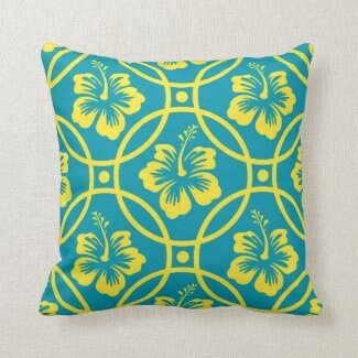 Tropical Hibiscus Pillow, Turquoise and Yellow, Floral Pillow, Includes Cover and Insert, Tropical Home Accents, Tropical Floral Pillow