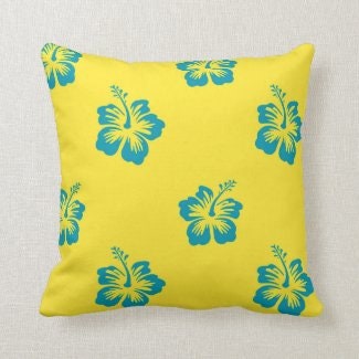 Tropical Hibiscus Pillow, Blue and Yellow, Floral Pillow, Includes Cover and Insert, Tropical Home Accents, Tropical Floral Pillow