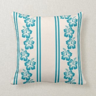 Tropical Hibiscus Pillow, Blue Hibiscus and Stripe, Floral Pillow, Includes Cover and Insert, Tropical Home Accents, Tropical Floral Pillow