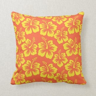 Tropical Hibiscus Pillow, Yellow and Coral, Floral Pillow, Includes Cover and Insert, Tropical Home Accents, Tropical Floral Pillow