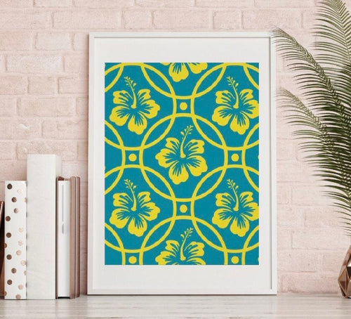 Tropical Hibiscus Print, Hibiscus Wall Art, Yellow and Blue, Tropical Floral Art, Tropical Wall Decor, Tropical Wall Art, Hibiscus Floral