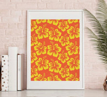 Tropical Hibiscus Print, Hibiscus Wall Art, Yellow and Coral, Tropical Floral Art, Tropical Wall Decor, Tropical Wall Art, Hibiscus Floral