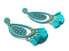 Teardrop Wood Earrings with Tassels, Turquoise Earrings, Boho Jewelry