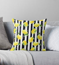Lemon Throw Pillow, Lemon and Stripe, Yellow Lemons, Black Stripe