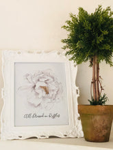 Watercolor Art Print, White Floral, Typography, Dressed in Ruffles, Poster