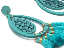 Teardrop Wood Earrings with Tassels, Turquoise Earrings, Boho Jewelry