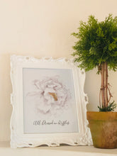 Watercolor Art Print, White Floral, Typography, Dressed in Ruffles, Poster