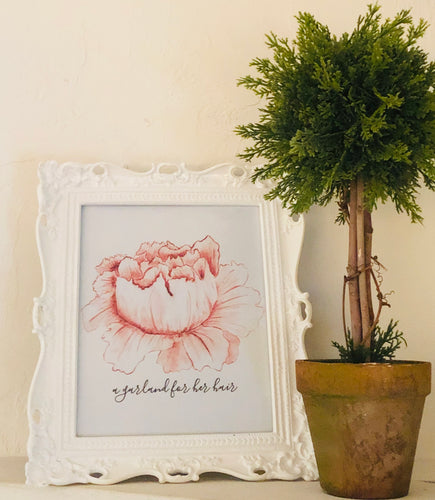 Floral Print, Watercolor,  Peach Flower, Garland for Her Hair, Poster, Print, Farmhouse Floral, Cottage Floral, Typography Print