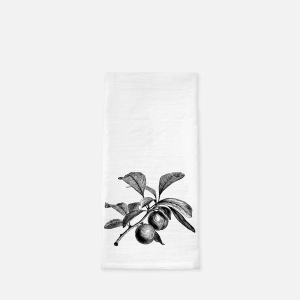 Tea Towel (Flour Sack) Plum Branch, Black and White, Fruit Tea Towel, Kitchen Gift, Gift for Mother