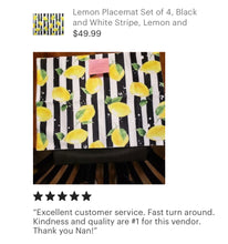 Lemon Placemat Set of 4, Black and White Stripe, Lemon and Stripe, Cloth Placemats