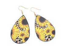 Sunflower Teardrop Earrings, Leather, Yellow Sunflowers on Animal Print