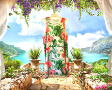 A-Line Dress, Tropical Style, Leaves, Red Hibiscus, Yellow Plumeria, Loose, Flowy Fit, Flatters All Figures, Womens Dress