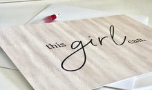 Set of 3 Flat Cards, this girl can, Blush Pearl Background, Blank, Encouragement Cards for Her, Envelopes Included