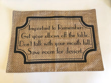 Funny Thanksgiving Placemat with Words, "Important to Remember" Fall Cloth Placemat, Burlap Design, Fall Table Decor