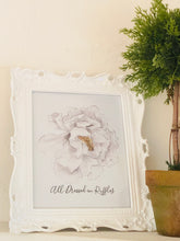 Watercolor Art Print, White Floral, Typography, Dressed in Ruffles, Poster