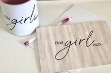 Set of 3 Flat Cards, this girl can, Blush Pearl Background, Blank, Encouragement Cards for Her, Envelopes Included
