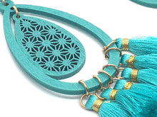 Teardrop Wood Earrings with Tassels, Turquoise Earrings, Boho Jewelry