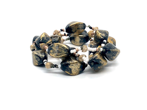 Stretch Stacked Bracelet, 3 Black and Gold Bracelets