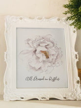 Watercolor Art Print, White Floral, Typography, Dressed in Ruffles, Poster