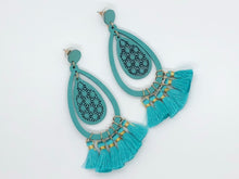 Teardrop Wood Earrings with Tassels, Turquoise Earrings, Boho Jewelry