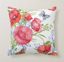 Watercolor Red Poppy, Butterfly, Floral Garden Throw Pillow