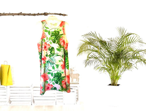 A-Line Dress, Tropical Style, Leaves, Red Hibiscus, Yellow Plumeria, Loose, Flowy Fit, Flatters All Figures, Womens Dress