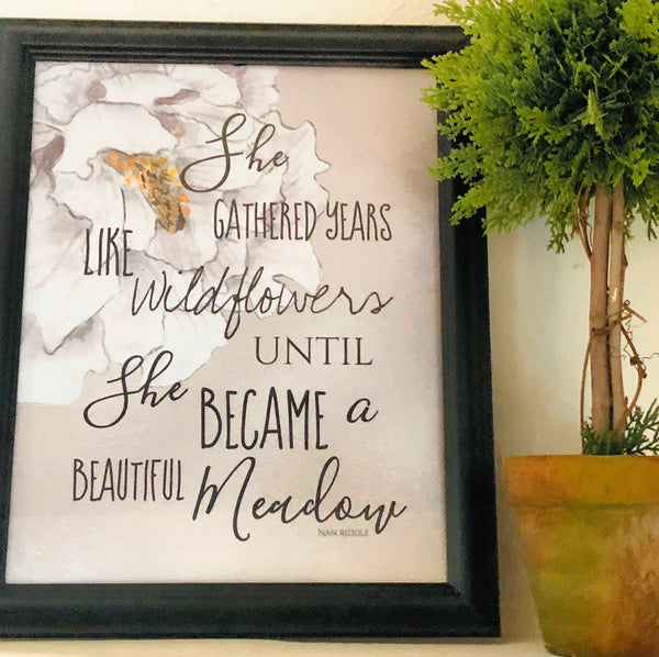 Wall Art Print, Poster, White Floral, Pearl Watercolor, She Gathered Years Like Wildflowers, Ready to Frame, Typography Print