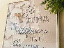 Wall Art Print, Poster, White Floral, Pearl Watercolor, She Gathered Years Like Wildflowers, Ready to Frame, Typography Print