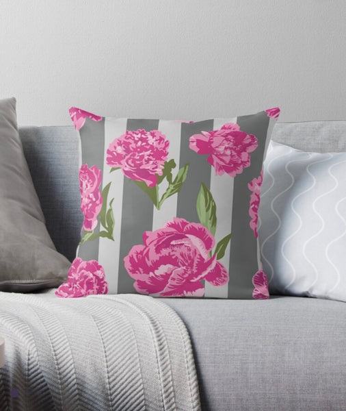 Pink Peony Pillow, Gray Stripe, Vintage Floral Pillow
